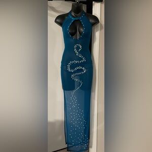 Teal Halter Maxi Sheer Dress with Rhinestone Design, Size Small